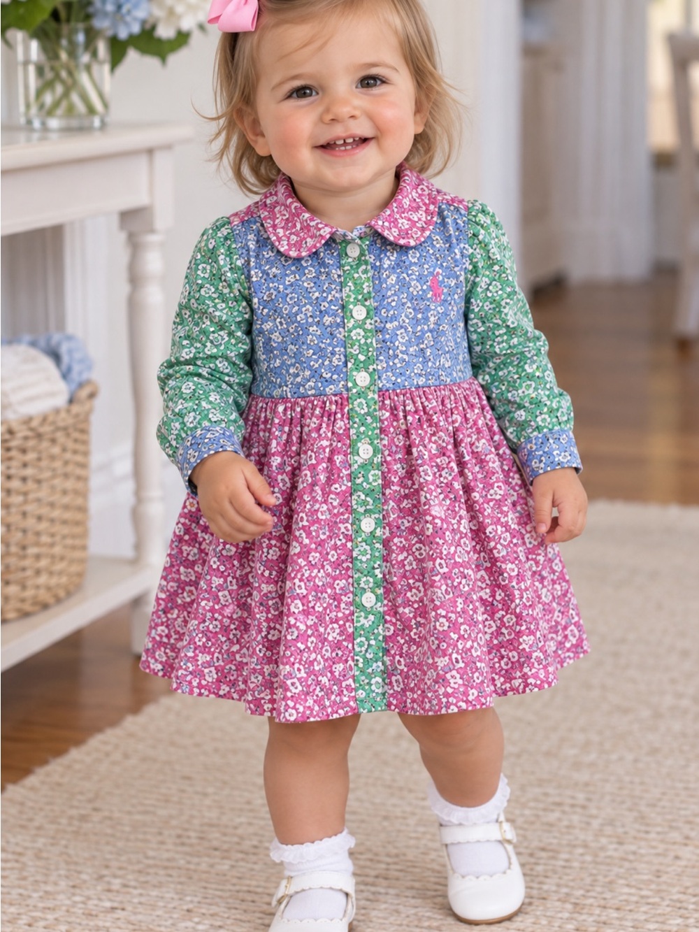 Polo by Ralph Lauren Girls' Patchwork Floral Dress in Pink, Blue, Green Sz 18M
